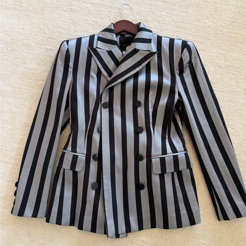 Elegant Striped Black and Gray Women's Blazer & Pants Set